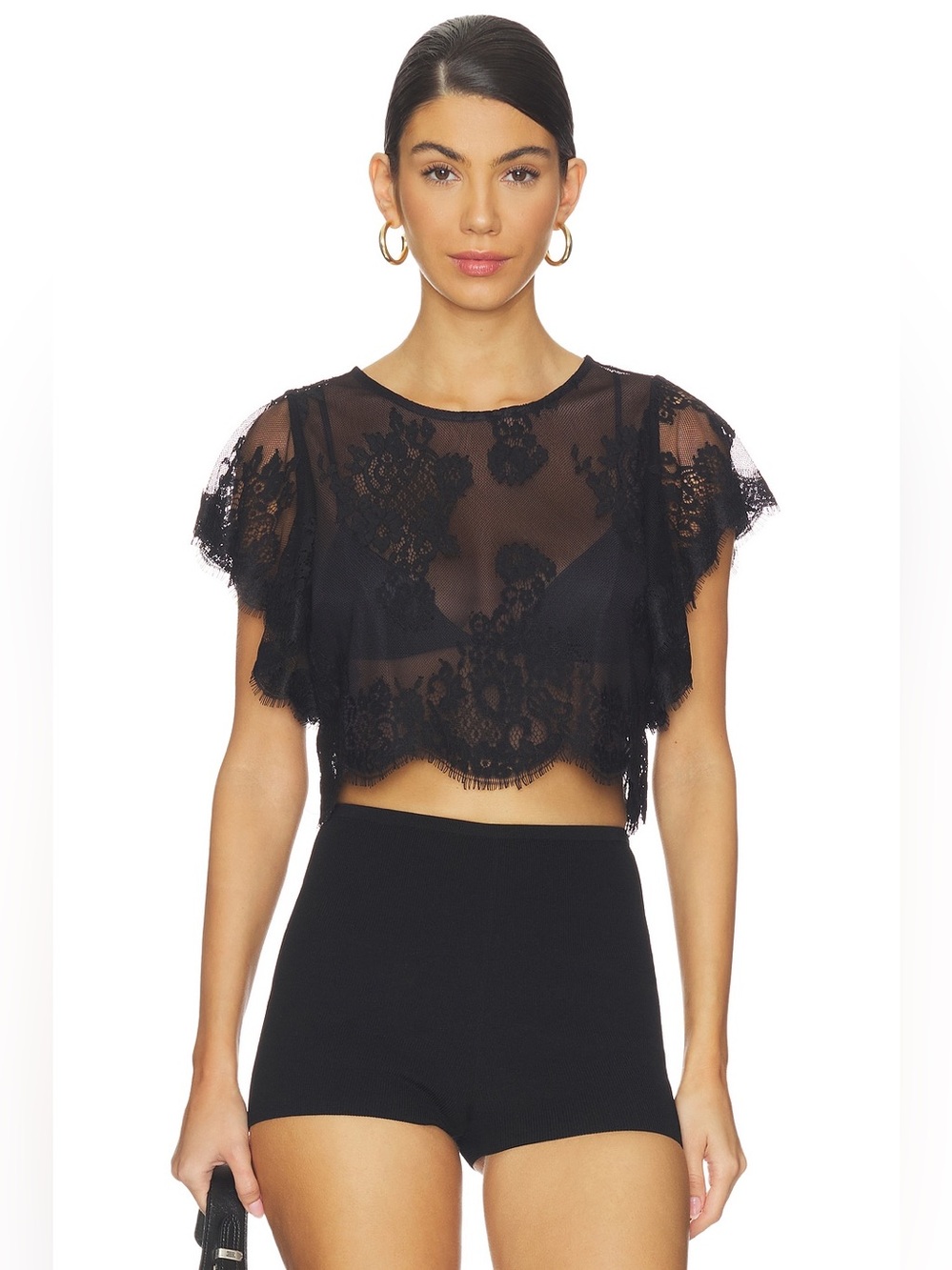 Free People Lunar Ash Lace Top Black XS Sheer Lace Crop Top